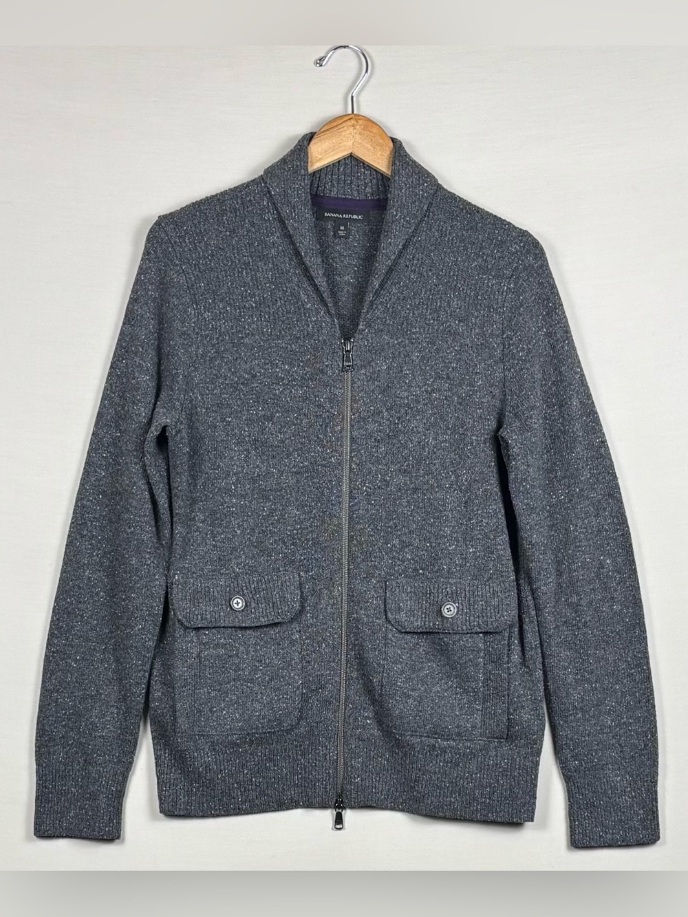 Banana Republic Men’s Wool Silk Shawl Collar Full Zip Cardigan Sweater Grey M - Picture 2 of 6